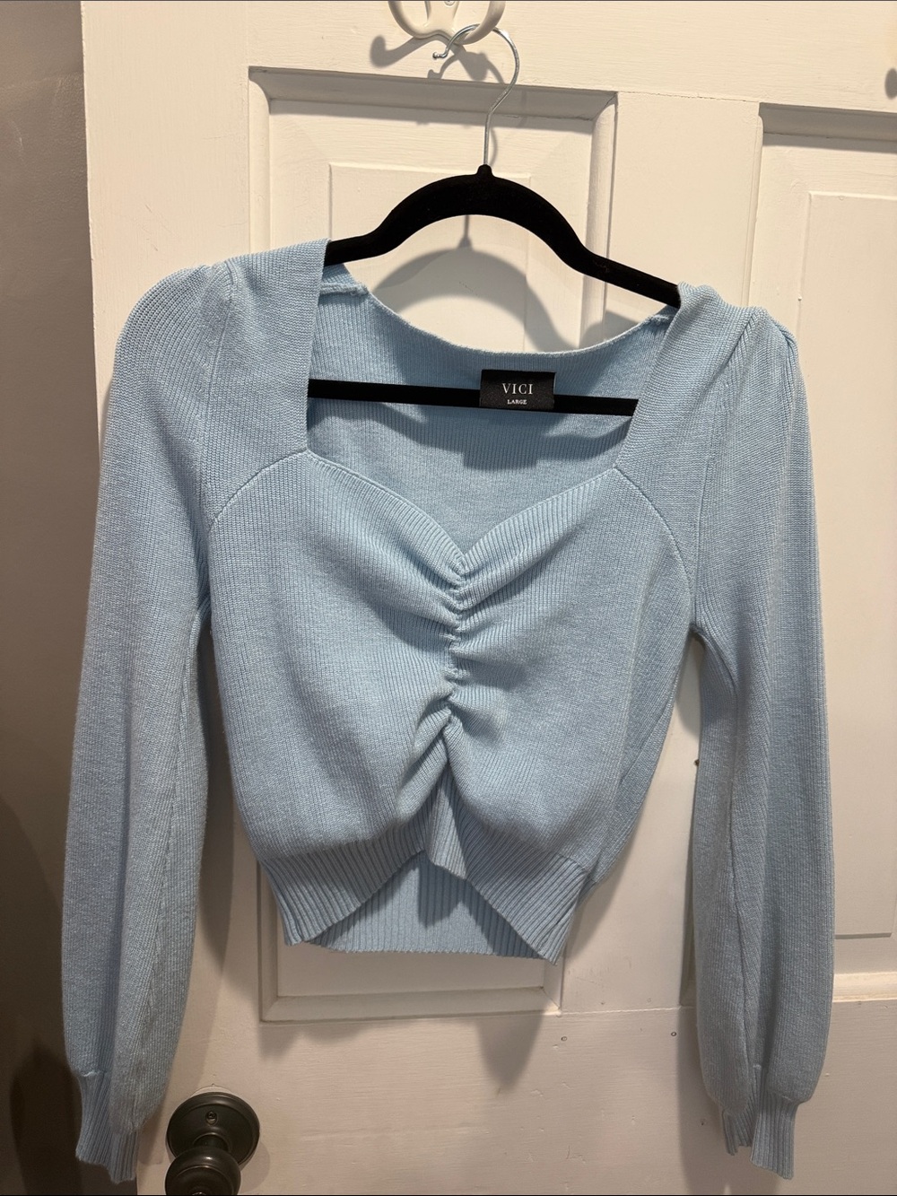 VICI Baby Blue Ruched Sweetheart Long Sleeve Cropped Sweater